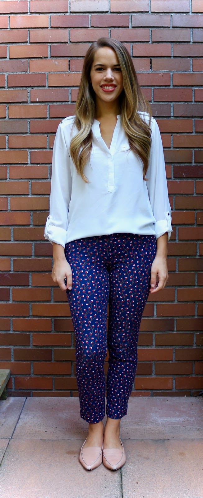 Jules in Flats - Patterned Pants with White Blouse (Business Casual Fall Workwear on a Budget) 