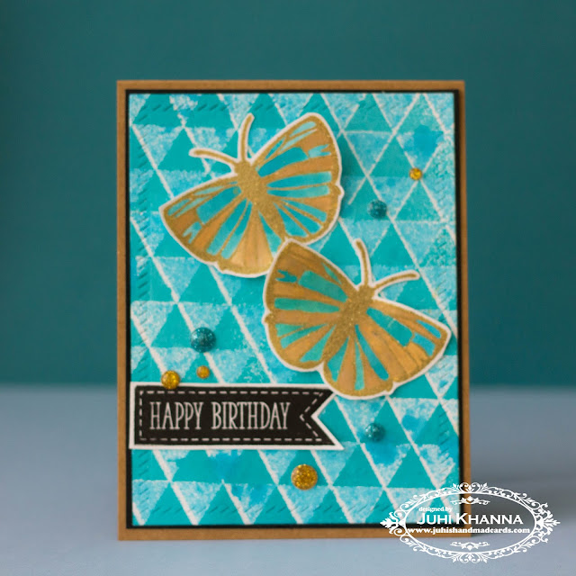 Stencilled background with Lindy's Stamp Gang Starburst spray and distress ink sprays. The stencil is from #MFTstamps. Stamps from #happylittlestampers and #clearlybesotted