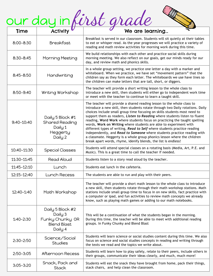 1st Grade Class Schedule 1st Grade Class Schedule