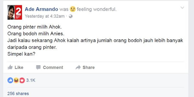 Logika Ade Armando : "Orang Pintar Pilih Ahok, Ahok Kalah Jadi Orang Bodoh Lebih Banyak Dari Orang Pintar"