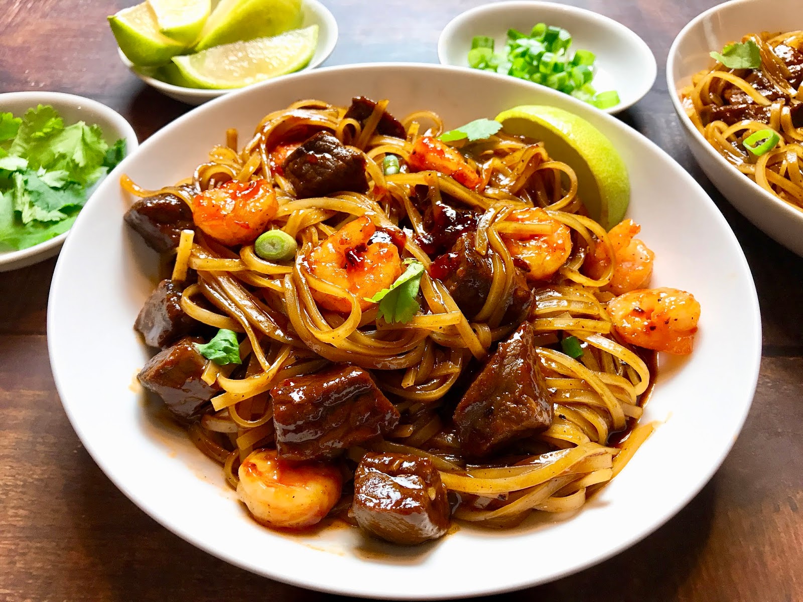 Sweet and Sour Steak and Shrimp with Rice Noodles