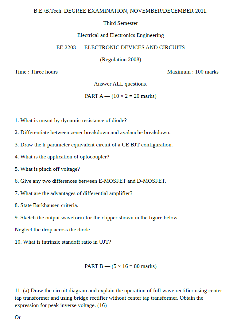 EE2203 Electronic Devices and Circuits Nov Dec 2011 Question Paper