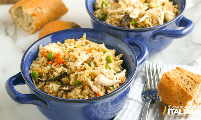 Instant Pot chicken and rice in blue bowls
