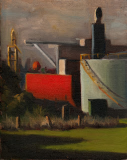 Oil painting of a red-hulled ship beside a pale blue oil storage tank.