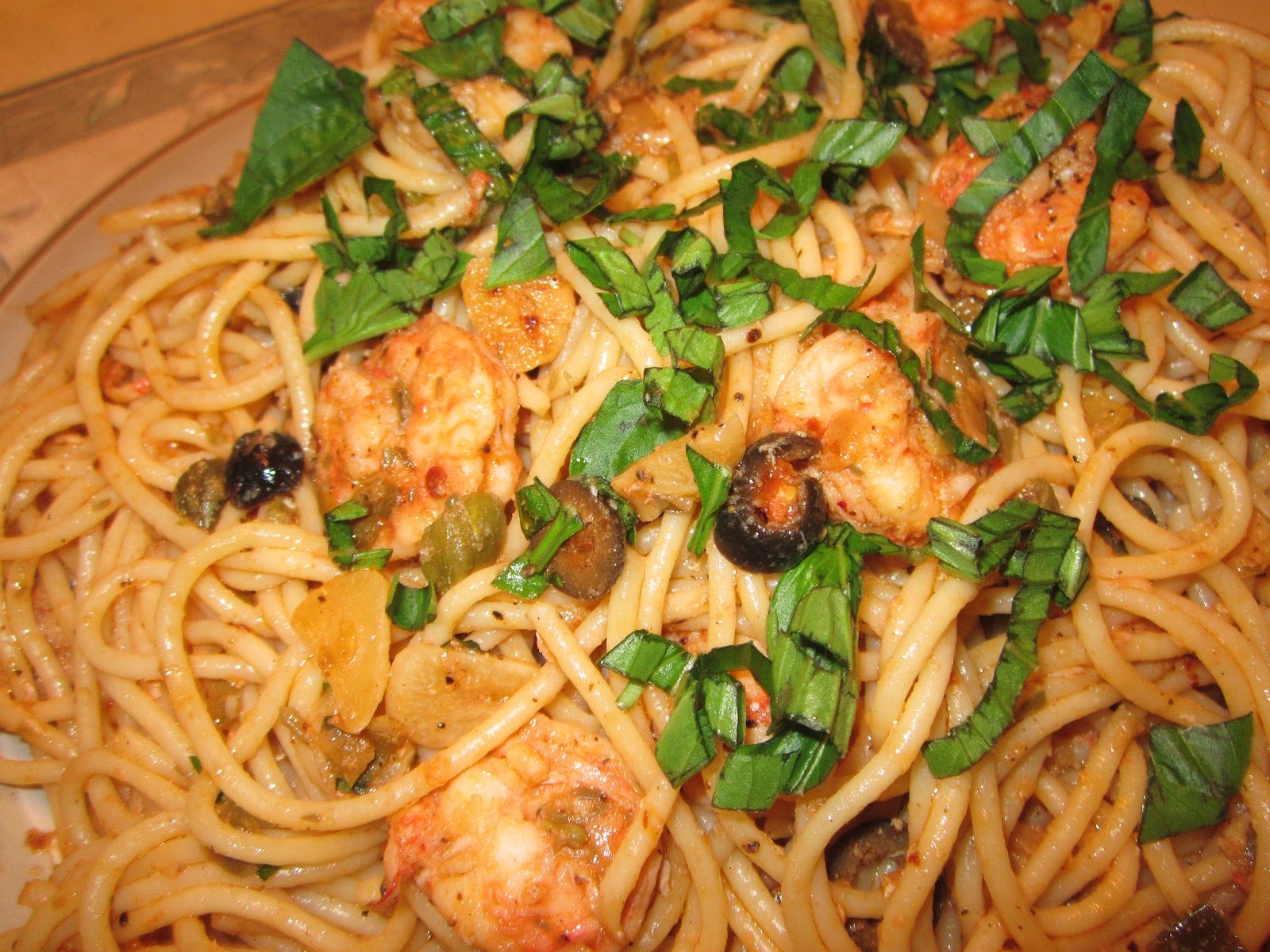 The Couch Potato Chronicles SPICY SHRIMP PASTA WITH BLACK OLIVES AND