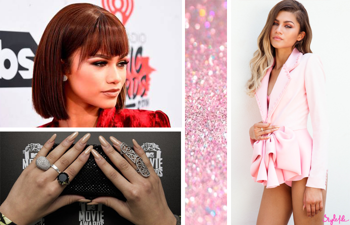 Teen hollywood celebrity Zendaya Coleman experiments with her style and sports a blunt bob hairstyle, nude acrylic nails and beach waves hairstyle