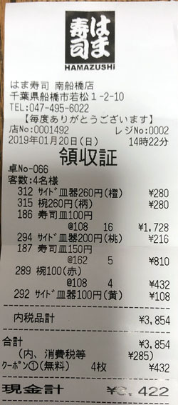 はま寿司 南船橋店 2019/1/20飲食レシート