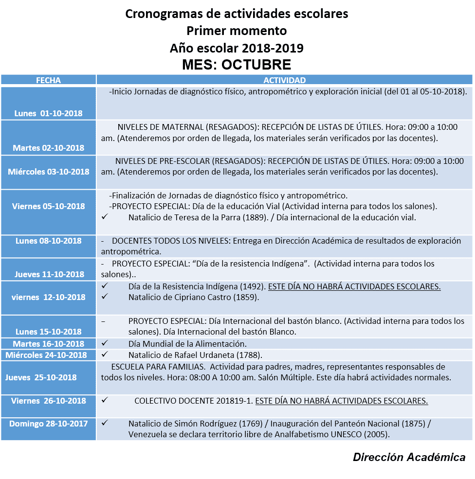 Cronogramas de actividades escolares Octubre 2018