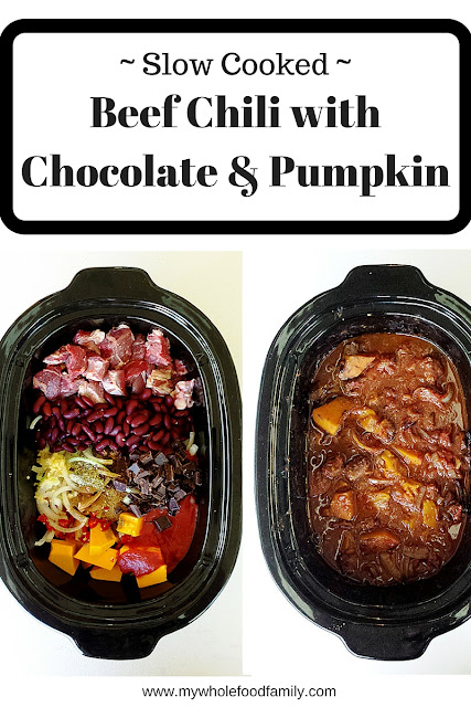 Slow cooked Beef Chili with Chocolate and Pumpkin from www.mywholefoodfamily.com