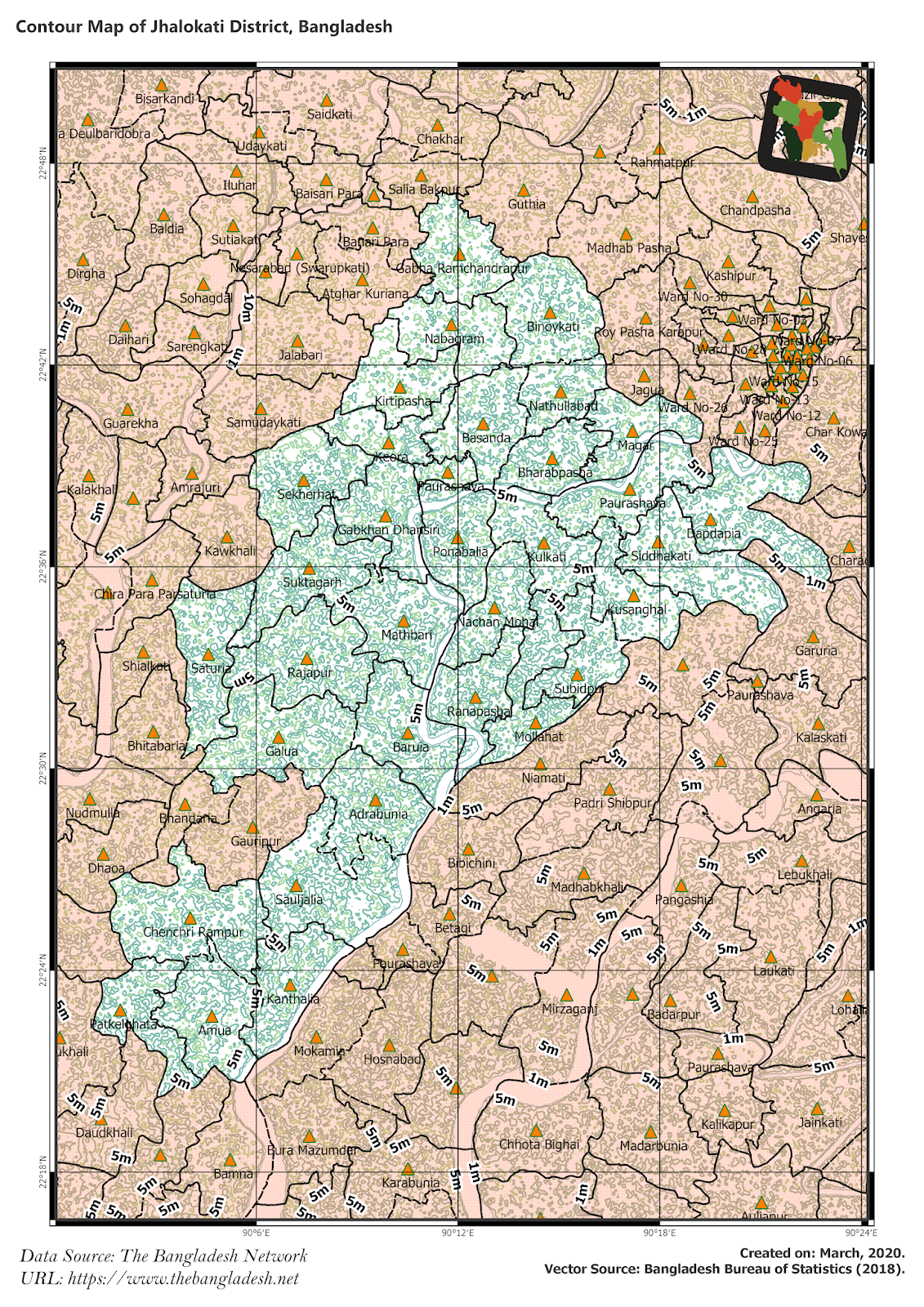 Elevation Map of Jhalokathi District of Bangladesh