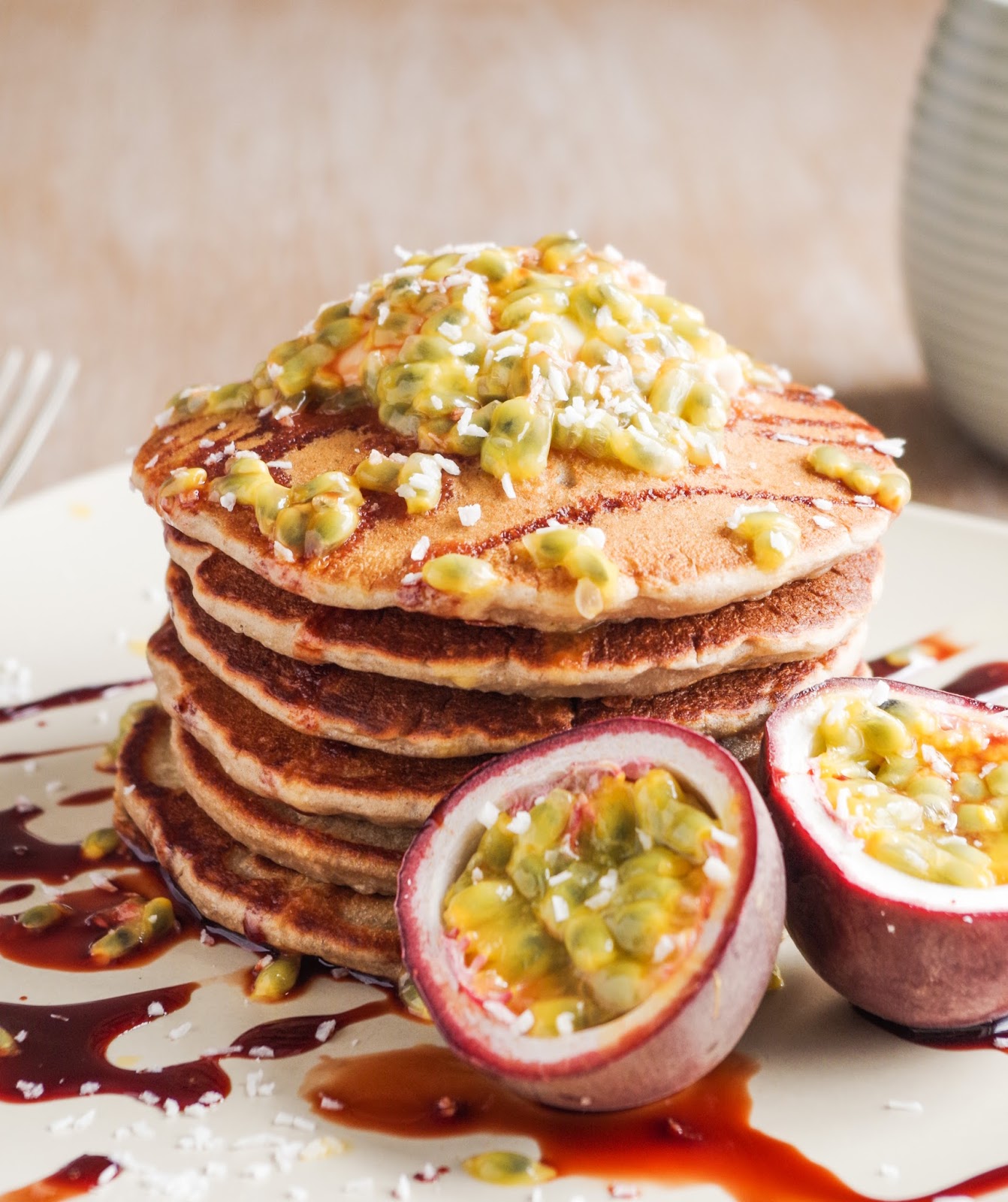 Banana Coconut Pancakes with Passion Fruit Euphoric Vegan