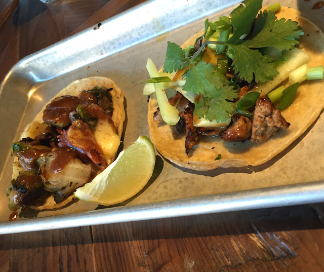 Inventive Brussels Sprout Taco and Peking Duck Taco at truk't a new taqueria in Beloit, Wisconsin.
