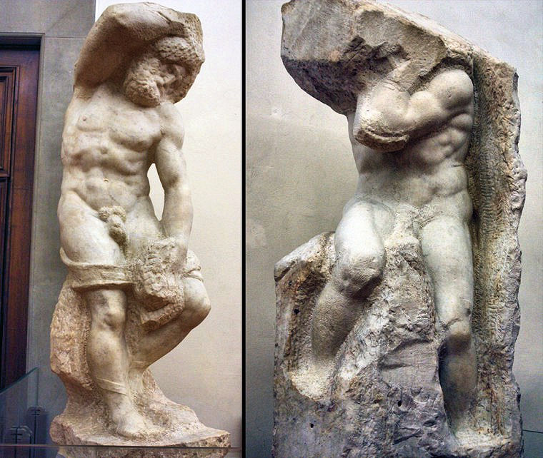 Michelangelo's 'Captives': L to R: 'Bearded Slave,' 'Atlas.' Photo: Courtesy of Accademia.org. Unauthorized use is prohibited.