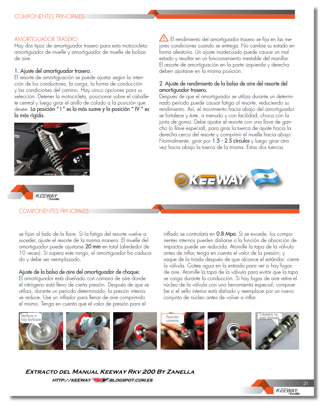 Keeway Argentina, en su Manual de usuario Keeway RKV 200 By Zanella,  también recomienda esa misma carga para su modelo RKV 200.