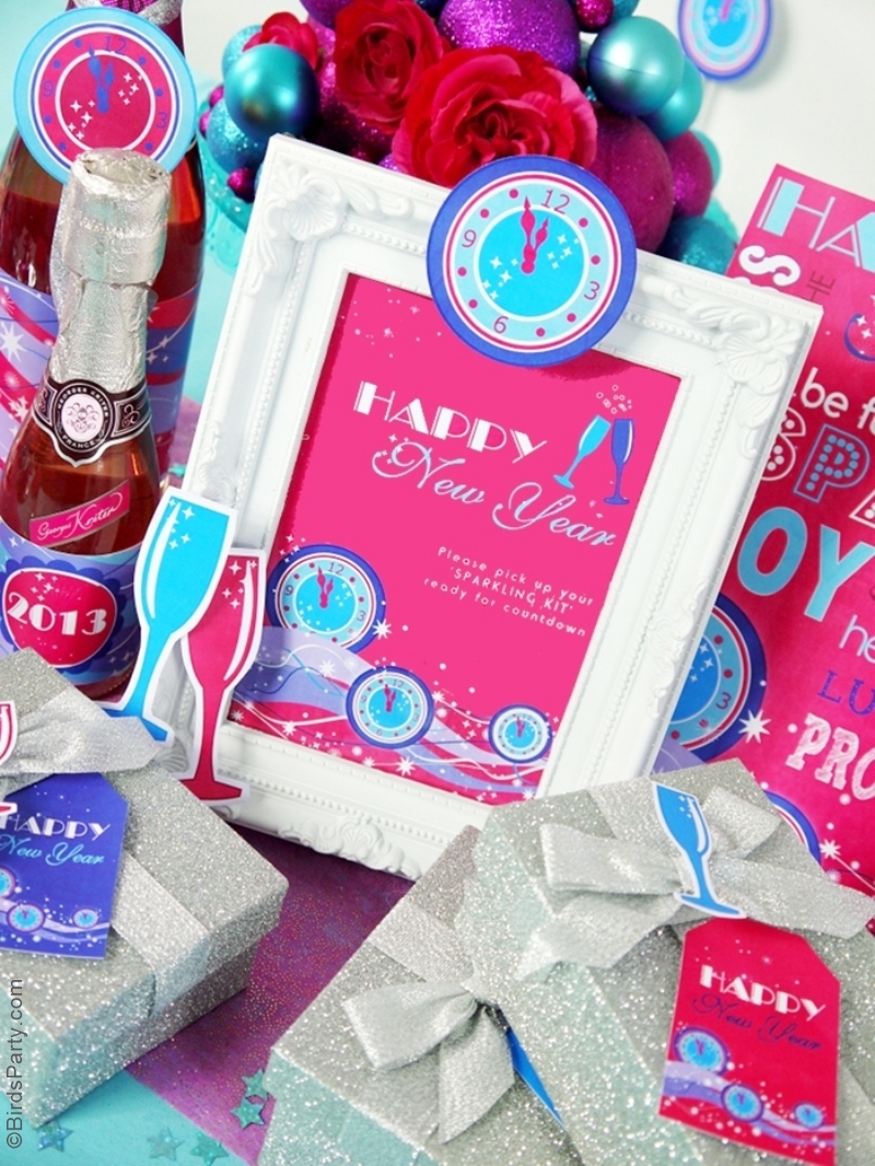 Pink & Teal Glam New Year's Eve Party & Free Printables - ideas on printables, DIY decorations, appetizers and party favors to celebrate the New Year! | BirdsParty.com