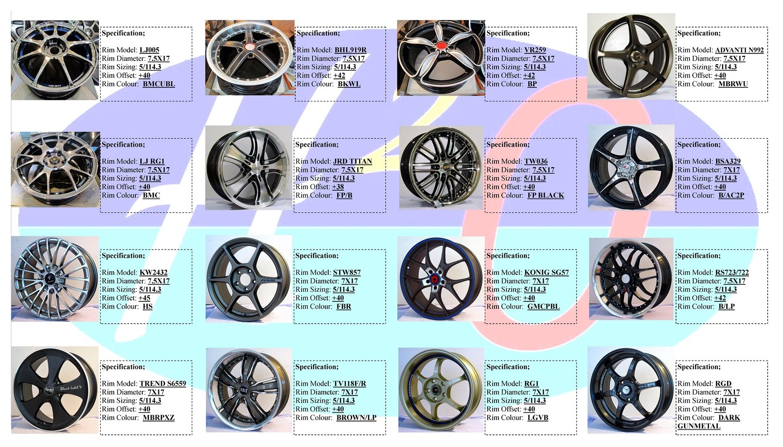 Tyre and Rims (H2O One Stop Sdn. Bhd.) 17 Inch Rims With Sizing