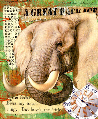 Collaged book with elephants and clocks