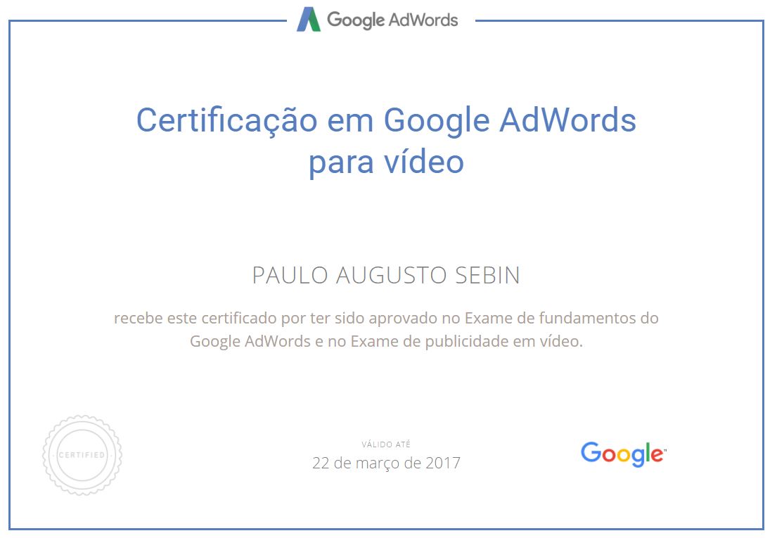 Certificado em Adwords para vídeos