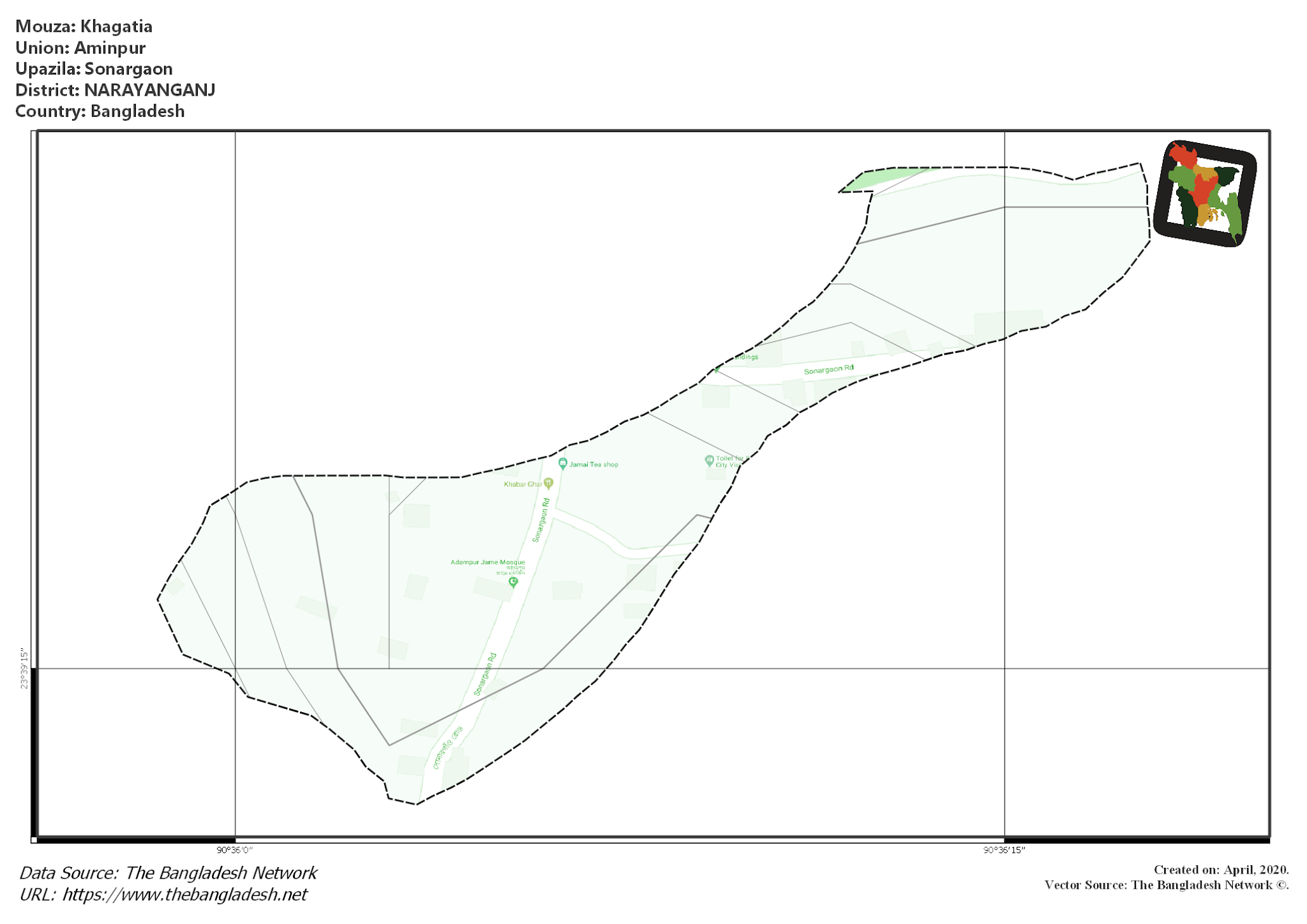 Map of Khagatia Mouza of Sonargaon Upazila, NARAYANGANJ, Bangladesh.