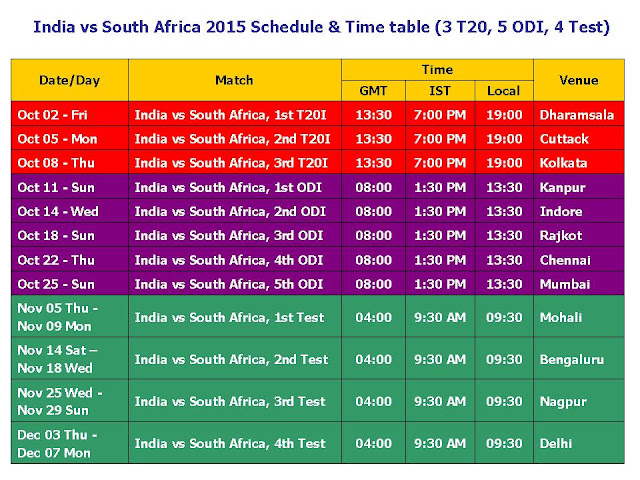 India vs South Africa 2015 Schedule & Time Table,South Africa tour of India 2015 Schedule,Ind vs. RSA 2015 series schedule,5 ODI,3 T20s,test,match details,time table,place,match place veneu,cricket,One Day International,South Africa vs. India 2015 cricket schedule,match detail,fixture,schedule,cricket 2015 schedule,Oct 02/2015 to Dec 07/2015,October series,South Africa in india,India cricket schedule,South Africa cricket schedule,GMT,ISt,Local time,places