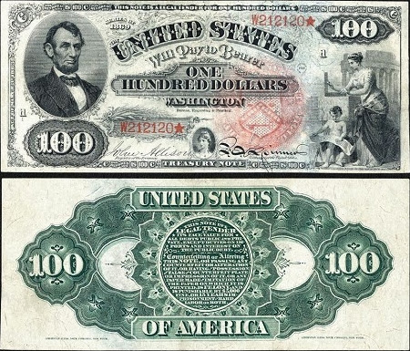 100 долларов США с Авраамом Линкольном, 1869