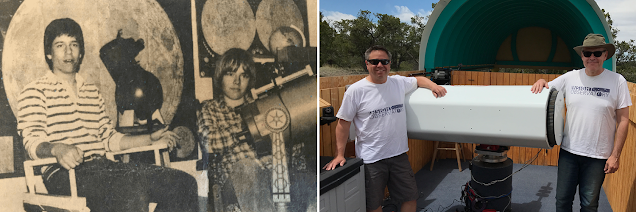 Michael Petrasko (left) and Muir Evenden (right) were interviewed by the Cape Cod Times in May 1982 and then pictured at Insight Observatory's annual remote telescope maintenance visit at SkyPi Remote Observatory, in May 2019.