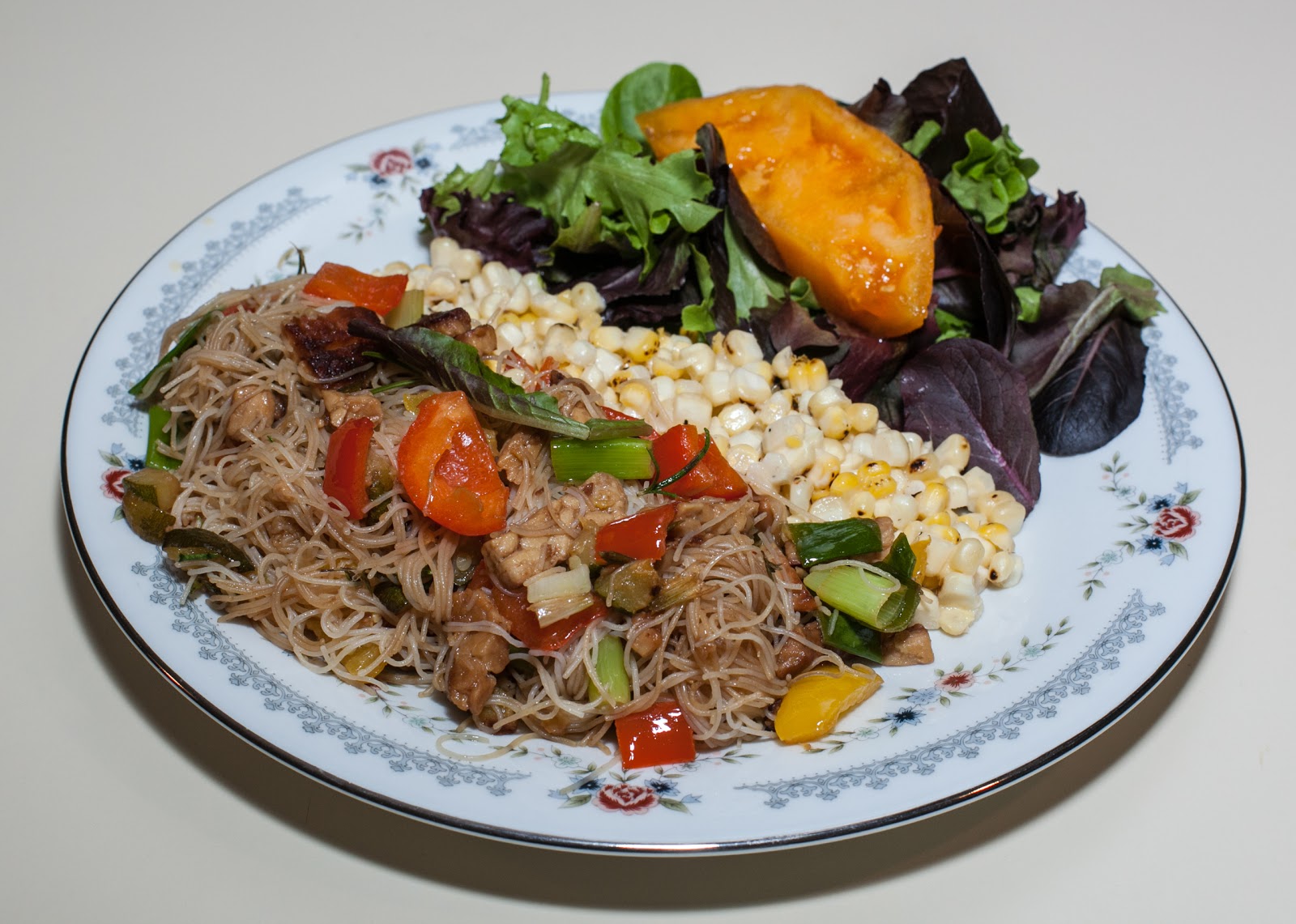 Dinner with Dilip Brown Rice Noodles w Tempeh and Vegetables, Corn, Salad