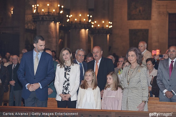 Spanish Royals King Felipe VI of Spain, Queen Letizia of Spain, Princess Leonor of Spain, Princess Sofia of Spain and Queen Sofia attend the Easter Mass at the Cathedral of Palma de Mallorca