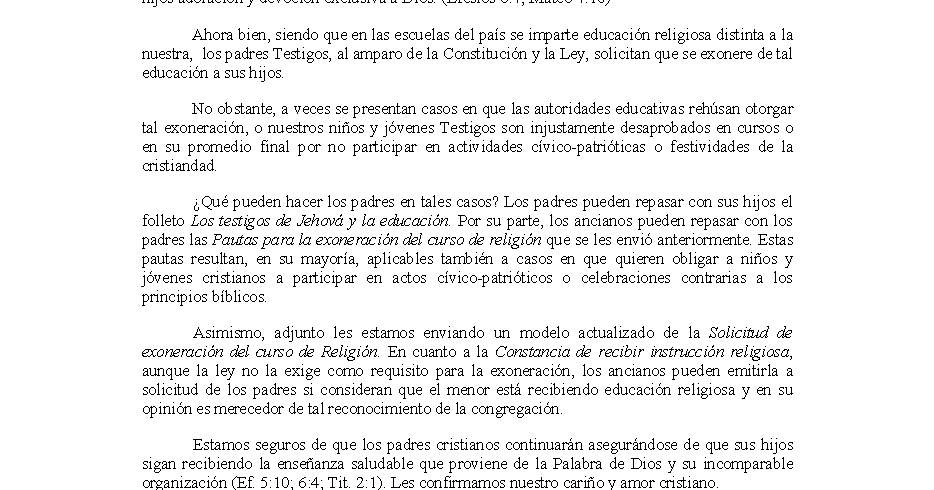 Hildebrando y Otras Hierbas: Carta 14/1/14 y 25/7/01: Exoneración del curso  de religión (educación religiosa)