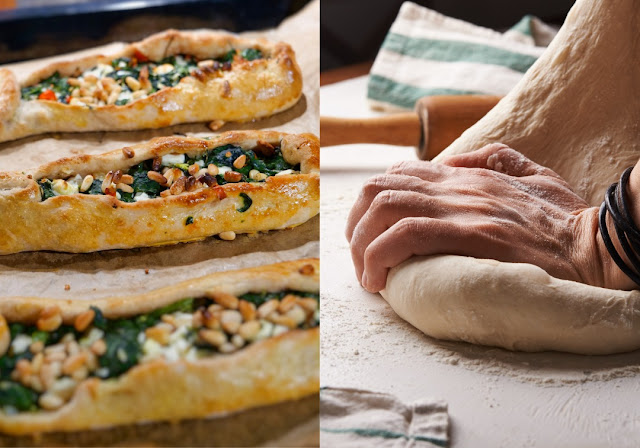 Türkisches Fladenbrot-Schiffchen mit Spinat, Feta und Pinienkernen