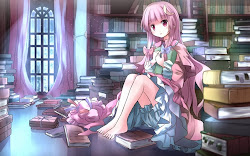anime sad wallpapers patchouli lonely eyes knowledge hair touhou purple theme timeline background konachan bloomers barefoot bow long preview chevron