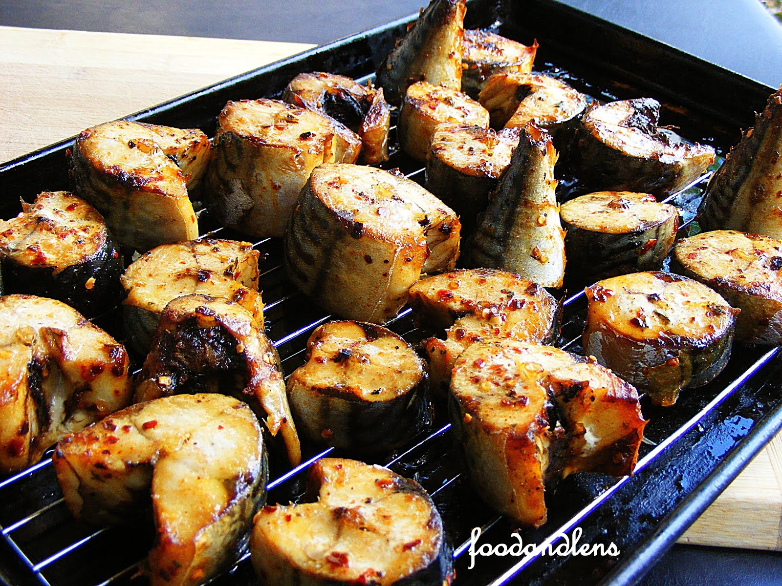 Food and lens Grilled Mackerel Fish.