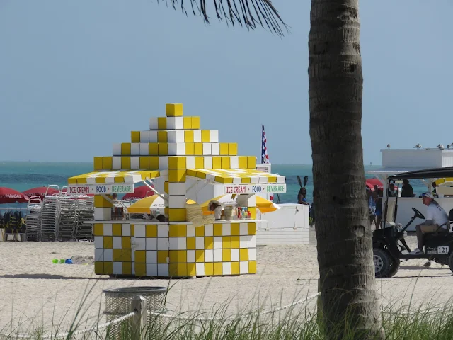 Yellow and white tiled lifeguard station on Miami South Beach
