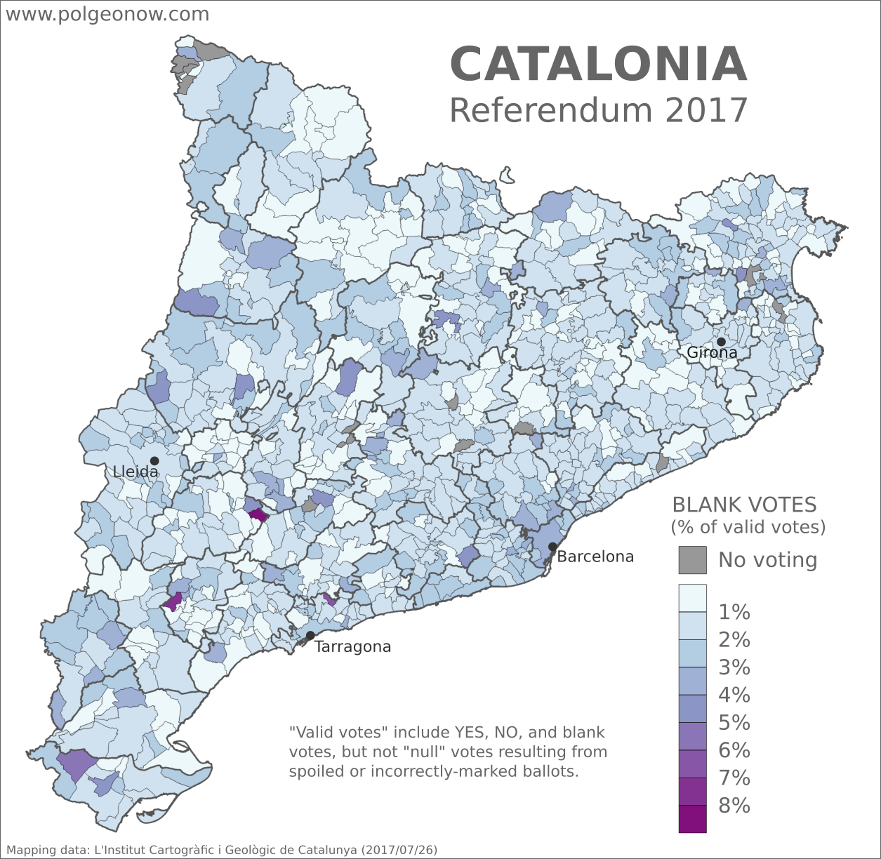 Catalan referendum 2017 map: Detailed, municipality-level map of results in Catalonia's disputed October 2017 referendum on independence from Spain, showing proportion of blank votes in each municipality. Boundaries of comarques (comarcas) shown. Labels cities of Barcelona, Tarragona, Lleida, and Girona. Colorblind accessible.