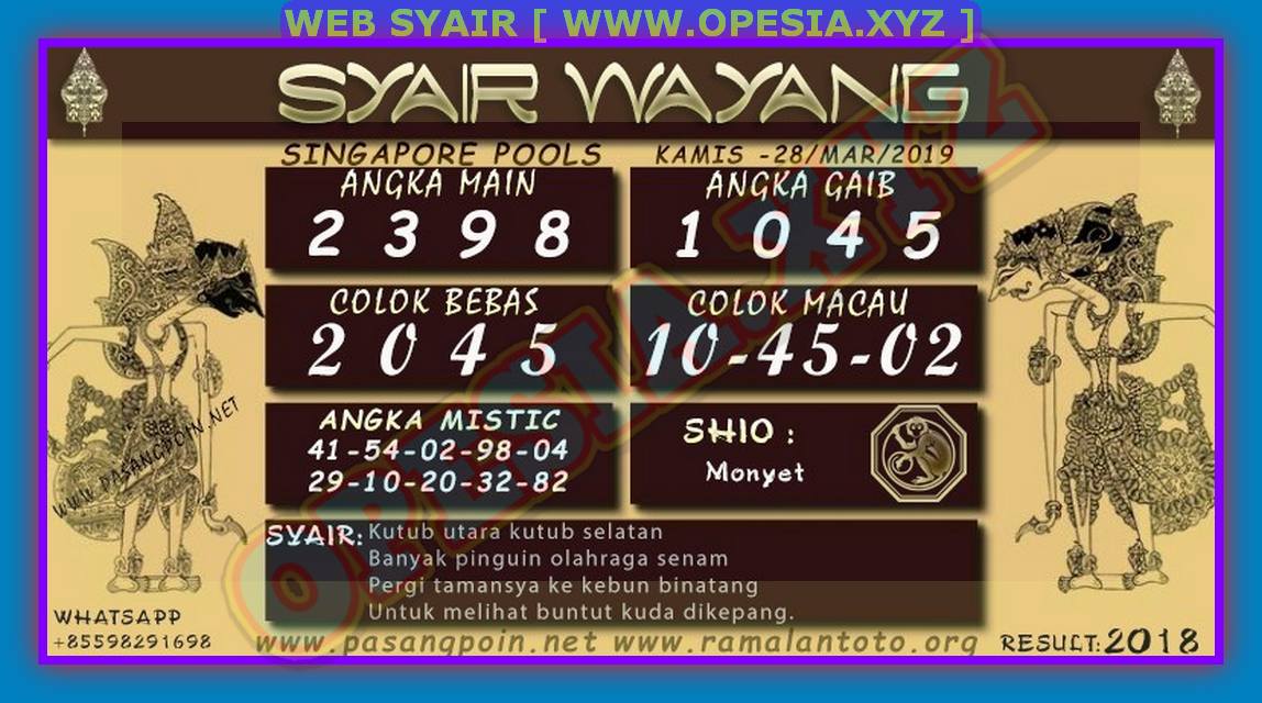 Kode Syair Toto sgp Kamis 28 Maret 2019 GOsyair SEDIA