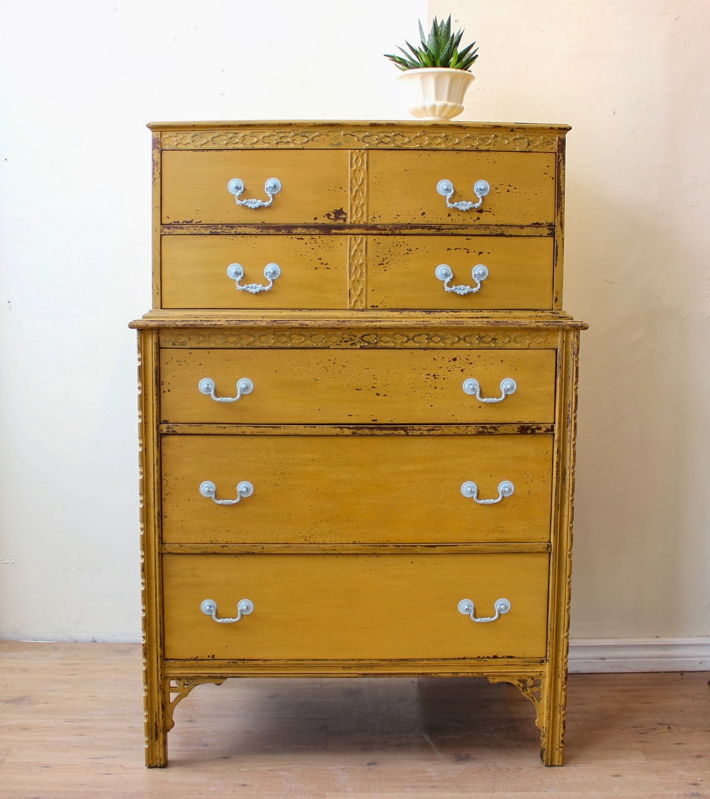 Poppyseed Creative Living Mustard Yellow Tall Boy Dresser Milk Paint