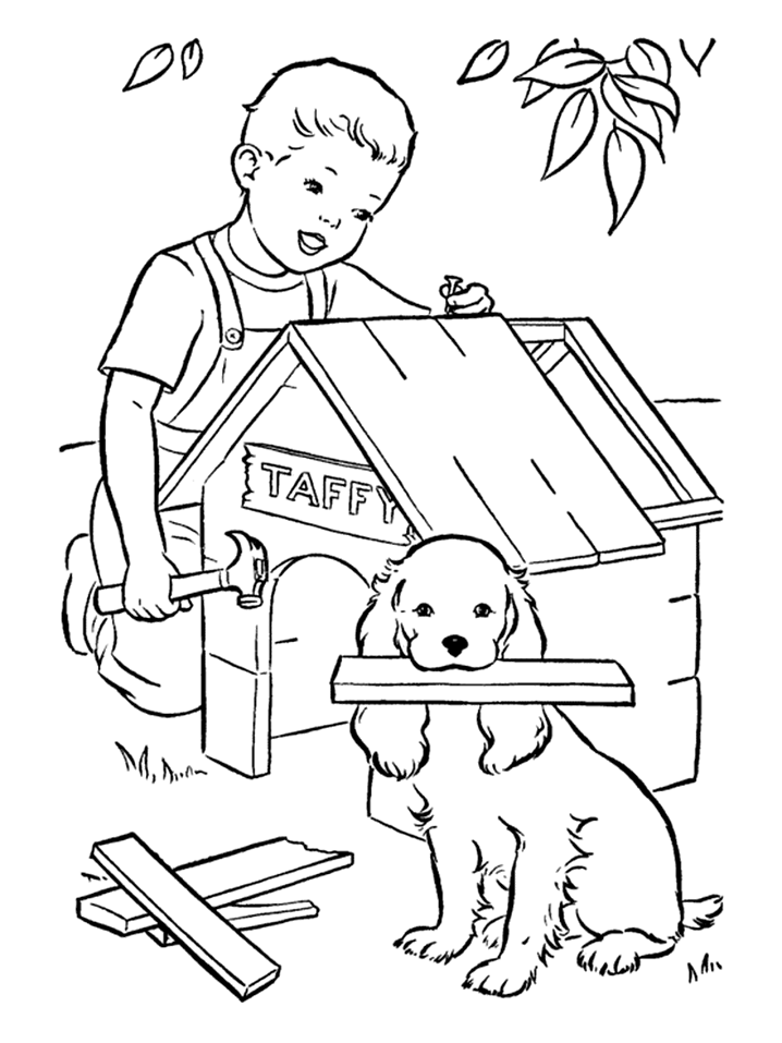 Honden kleurplaten, hond helpt mee met bouw hondenhik