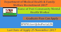 Rajasthan Department of Medical, Health & Family Welfare Recruitment 2017– 433 Community Mental Health Worker, Clinical Psychologist