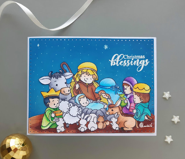 Craftyscrappers, Copic markers, Christmas card, Quillish, Jesus in Manger Card, Copic colouring for beginners , Copics on cards, handmade cards, cards by Ishani, Christmas blessings stamp set