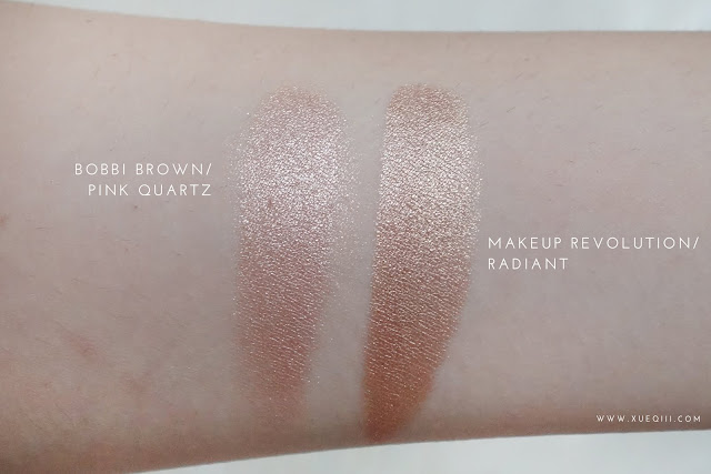 Makeup Revolution | Vivid Shimmer Brick in Radiant Review and Swatches vs Bobbi Brown Shimmer Brick in Pink Quartz