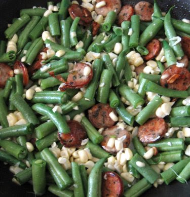 Chicken sausage with corn and green beans