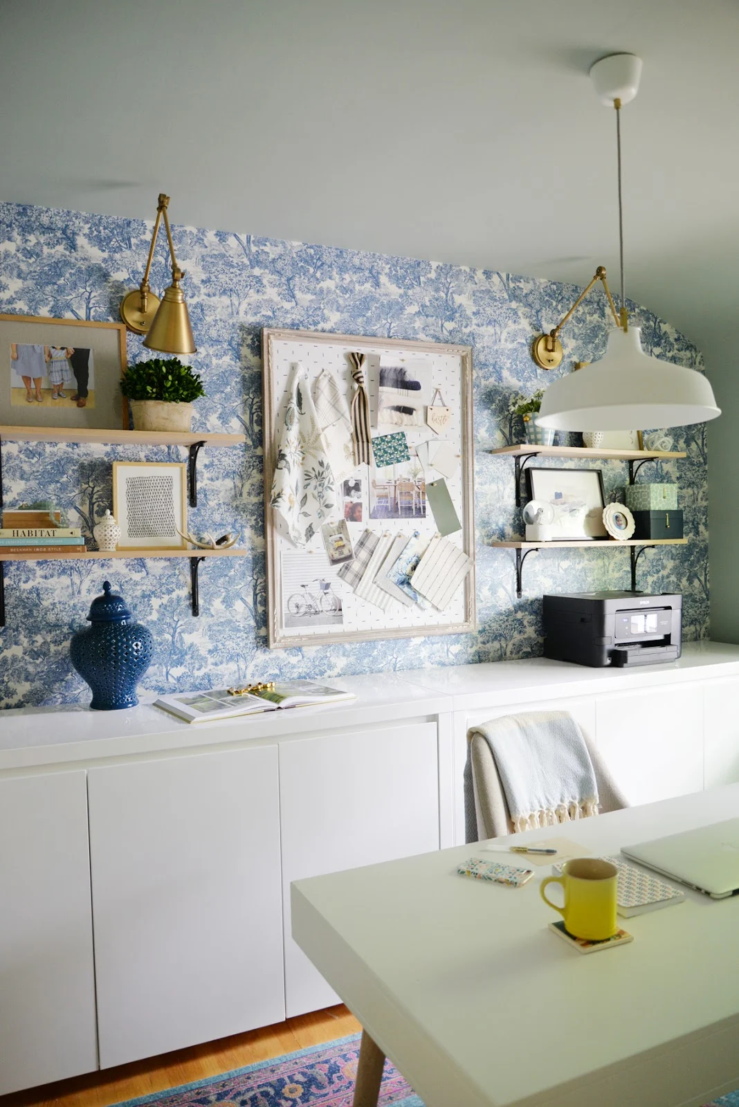 blue toile wallpaper, modern toile wallpaper, feminine office, office wallpaper, wallpaper accent wall