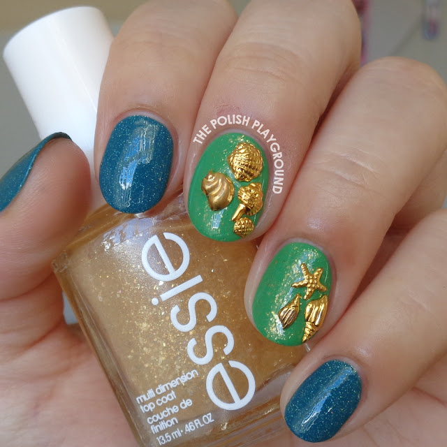 Green & Gold Flakie with Beach Themed Nail Studs Nail Art