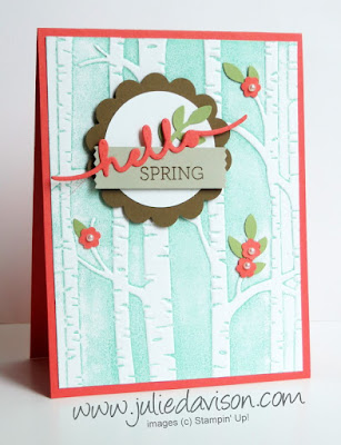 Stampin' Up! Woodland Embossing Folder Hello Spring Card + Video Tutorial with Inking Up Embossing Folder Techniques #stampinup #technique www.juliedavison.com