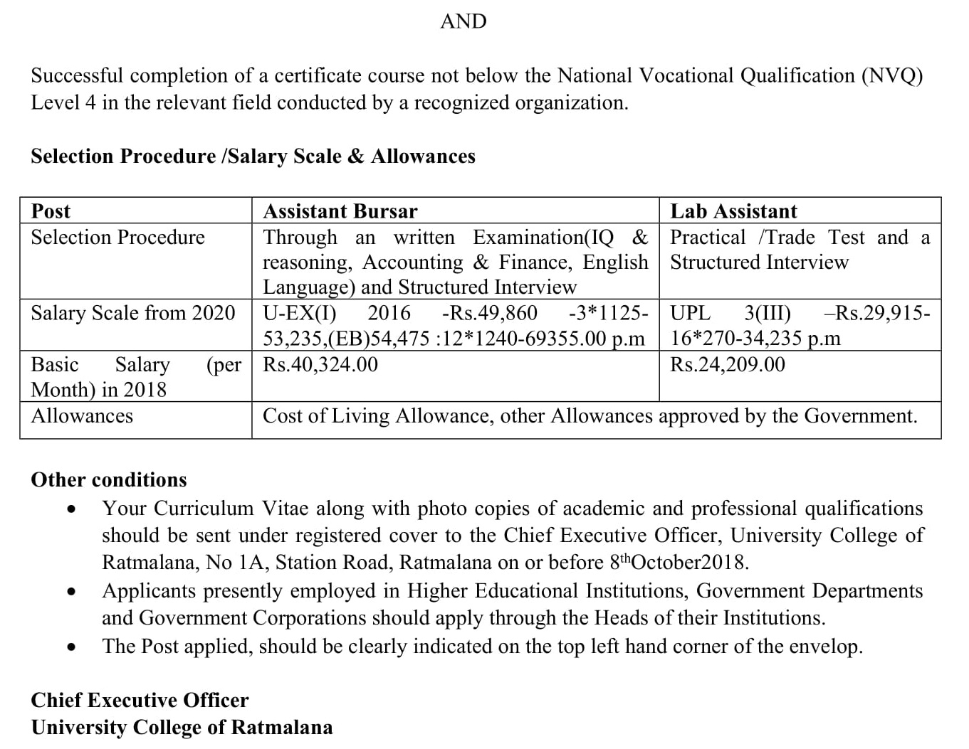 Government Sector vacancies Assistant Bursar, Lab Assistant Teacher