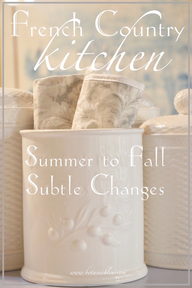 French Country Kitchen Summer to Fall White Canisters and Gray Linens