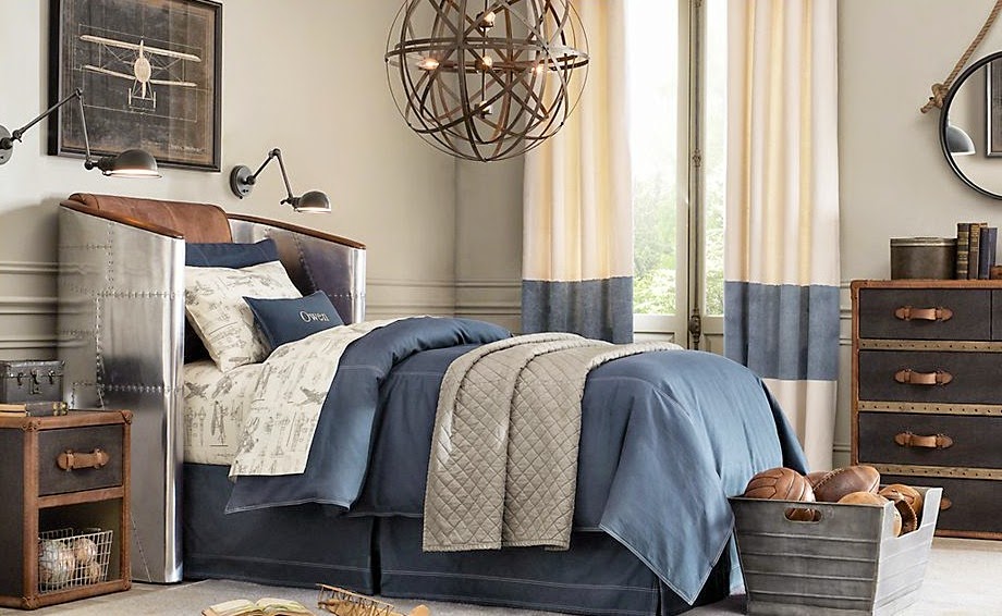 Traditional boys room decor ideas 2015, curved headboard and blue bedspreads