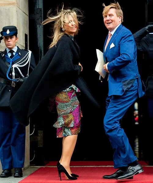 The Queen wore a ruffle silk satin midi dress by Saloni. Queen Maxima wore Saloni Isa Ruffle Dress. Princess Beatrix