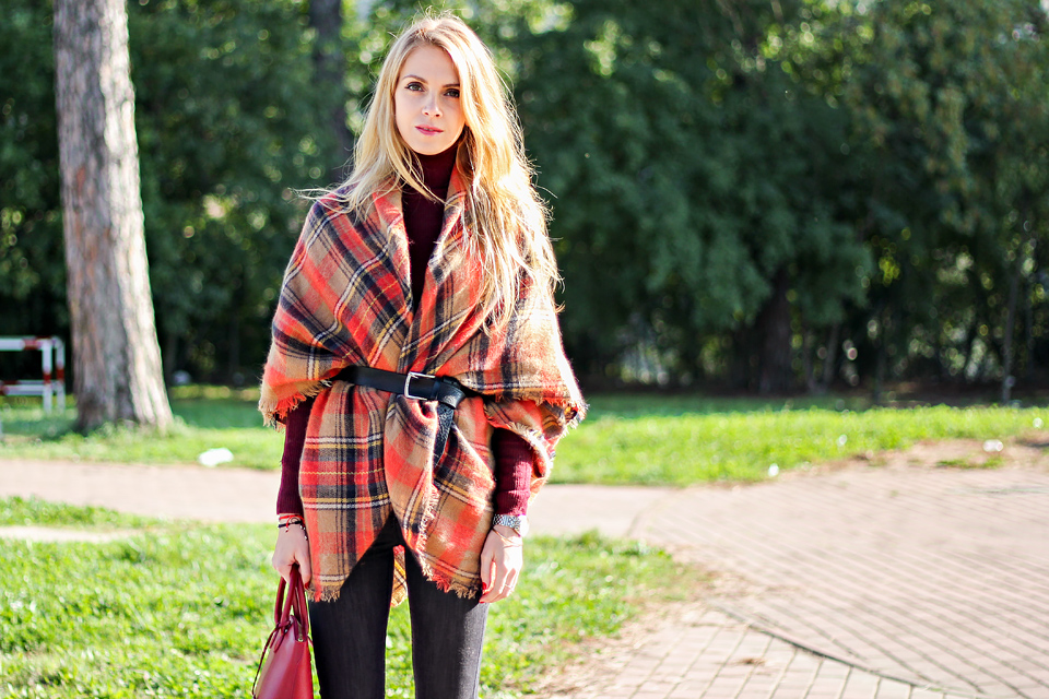 plaid poncho, tartan scarf, fall colors, outfit