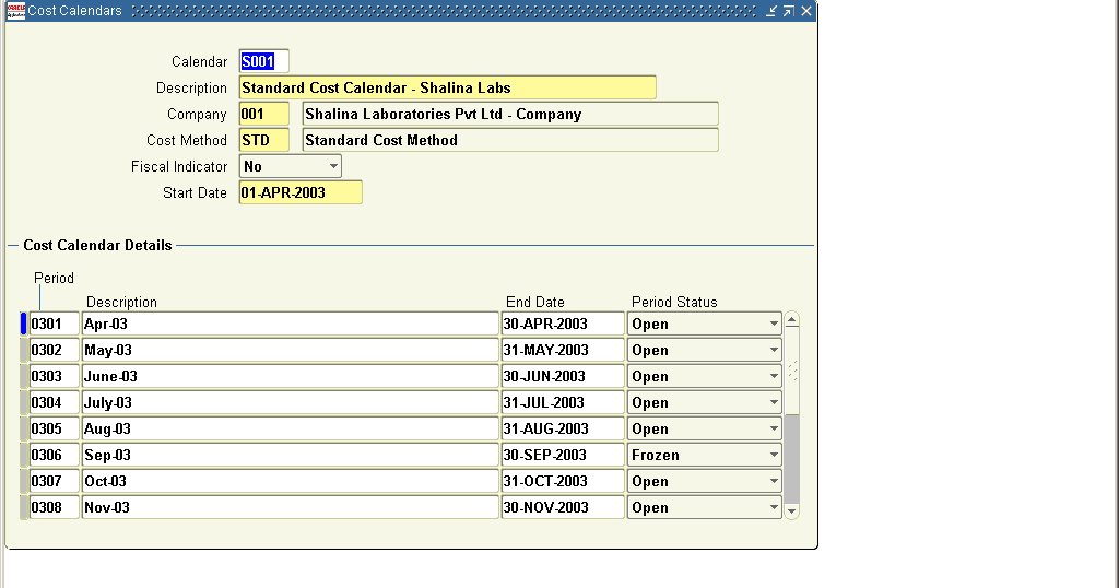 Setting up Cost Calendar in Oracle Costing Oracle Apps